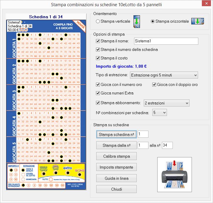 Stampa sulle nuove schedine del 10eLotto da 5 pannelli Mod. Multipannello