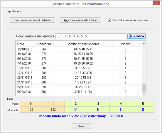 Verifica le vincite di una combinazione
