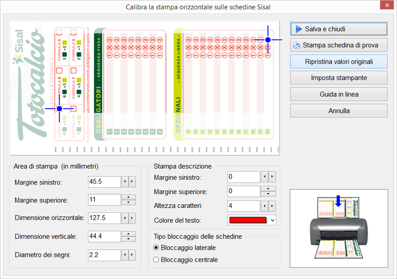 Calibra la stampa orizzontale sulle schedine