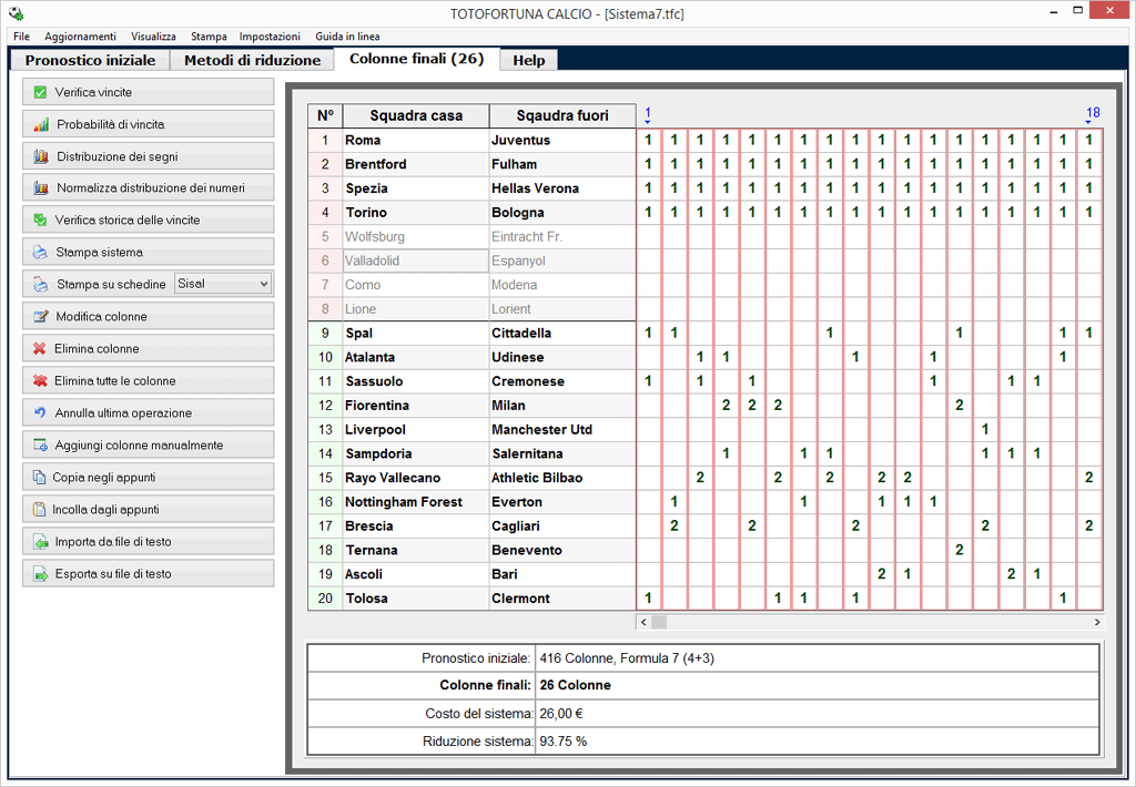 Scheda Colonne Finali di Totofortuna Calcio