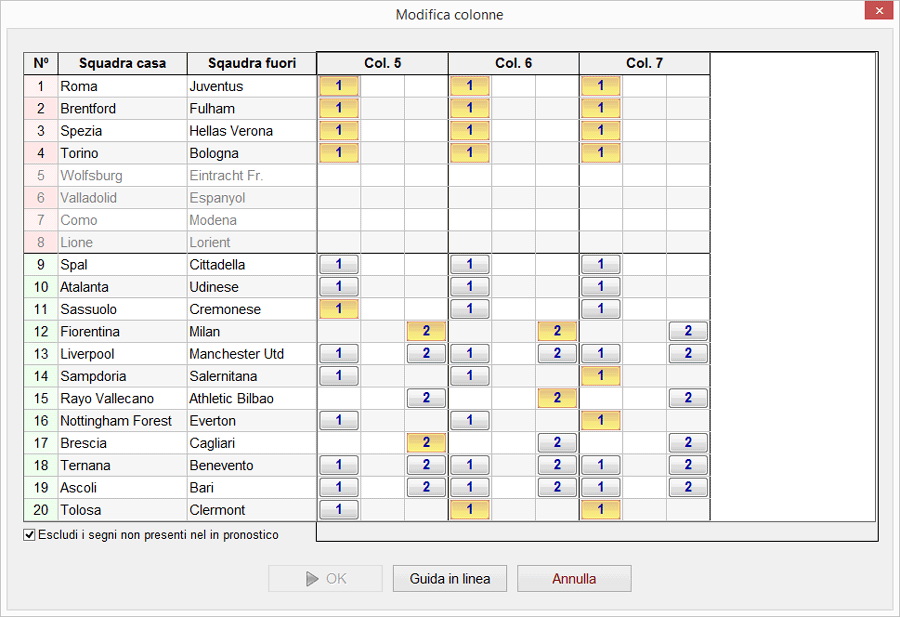 Modifica colonne Totocalcio