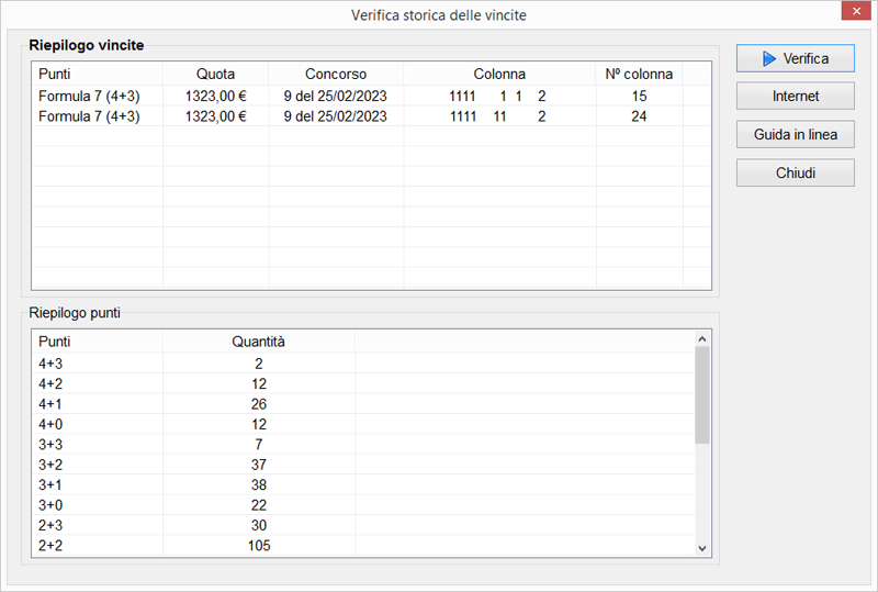 Verifica storica delle vincite